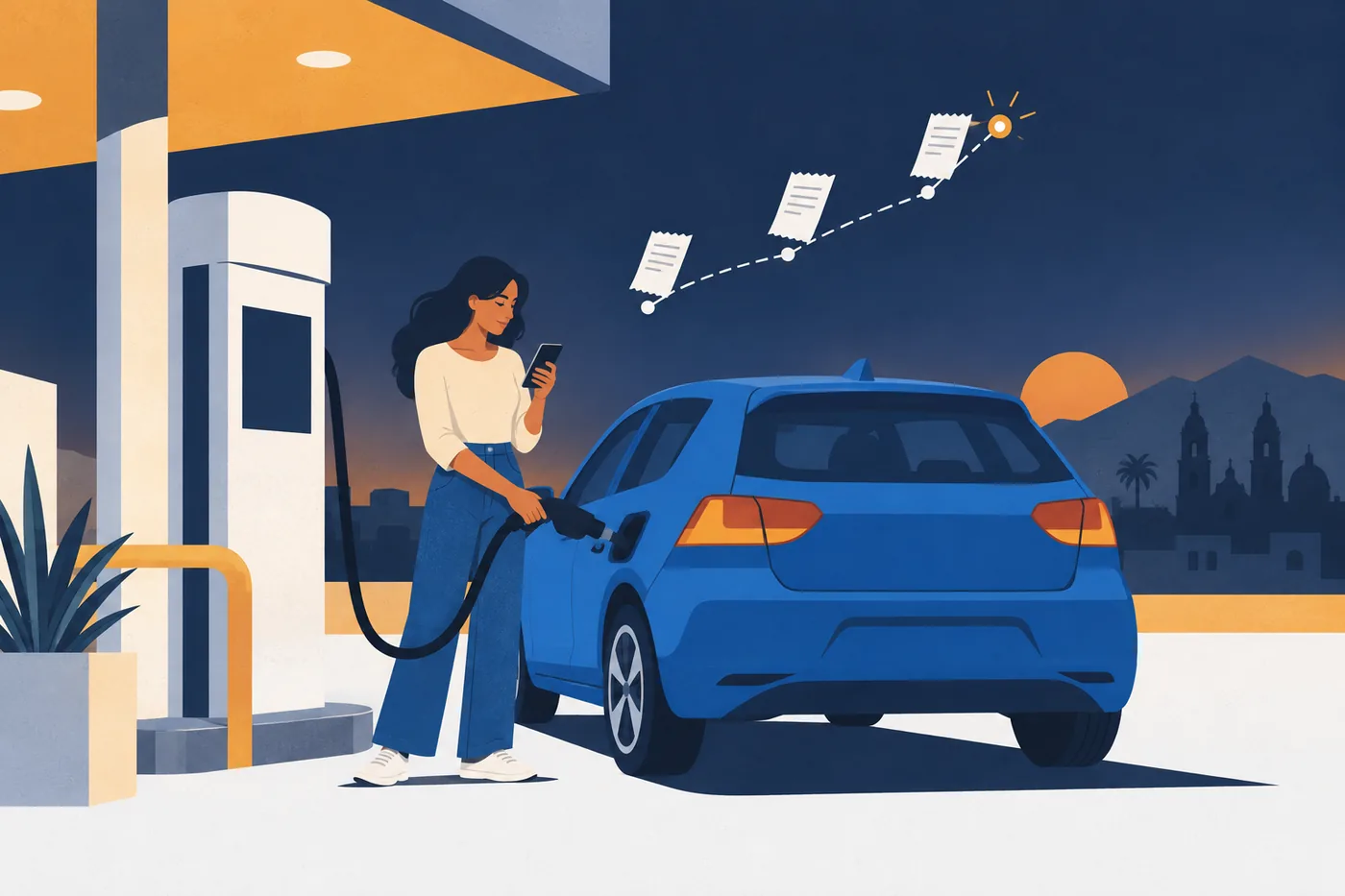 Una mujer carga gasolina al atardecer mientras revisa su teléfono