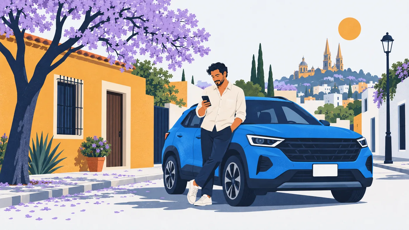 Un joven revisa su teléfono recargado en su camioneta azul, en una calle con jacarandas